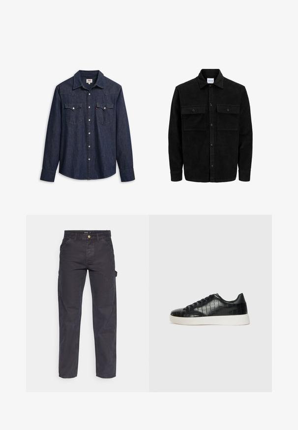 Chaqueta de pana negra con botones, dos bolsillos delanteros con solapa y un cuello clásico, mangas largas y textura acanalada.; Camisa de mezclilla azul oscura con mangas largas, cuello puntiagudo y dos bolsillos en el pecho. Presenta botones de presión plateados y costuras en contraste.; Pantalones cargo de color gris oscuro, confeccionados con un tejido duradero, que presentan un corte recto, cinco bolsillos y un cierre de botón en la cintura.; Zapatillas negras con parte superior de cuero con textura de cocodrilo en relieve, puntera redondeada y una suela de goma blanca contrastante con un acabado suave.