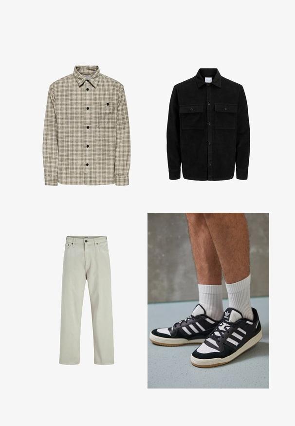 Schwarze Corduroy-Button-Up-Jacke mit zwei frontalem Klappentaschen und klassischem Kragen, langen Ärmeln und gerippter Textur.; Kariertes Hemd mit Knopfleiste in beigem und dunkelgrünem Muster, langen Ärmeln, Kragen und einer einzelnen Brusttasche mit Knopf.; Helle beige Denim-Jeans mit geradem Bein, im Fünf-Taschen-Stil, mit einem Knopfverschluss am Bund und minimalen Nähdetails.; Schwarz-weiße Sneaker mit einem Obermaterial aus Wildleder und Leder, ausgestattet mit drei weißen Streifen, einer perforierten Zehenpartie und einer Sohle aus Gummi.