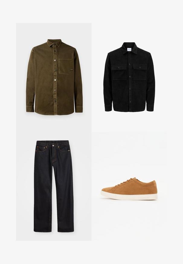 Črna kordurojska jakna z gumbi, z dvema sprednjima žepoma z zavihkom in klasičnim ovratnikom, dolgimi rokavi ter rebrasto teksturo.; Srajca z gumbi v temno olivno zeleni bombažni tkanini, z označenim ovratnikom, enim žepom na prsih in okroglo spodnjo robom z diskretno šivanim detajli.; Moške črne kavbojke ravnega kroja z petimi žepi in oranžnim šivanjem, z gumbom in zadrgo na sprednjem pasu.; Rjavi semiš športni copati z nizkim dizajnom, belem gumijastem podplatu in okroglo oblikovanim nosom. Imajo usklajene vezalke in minimalno blagovno znamko na peti.