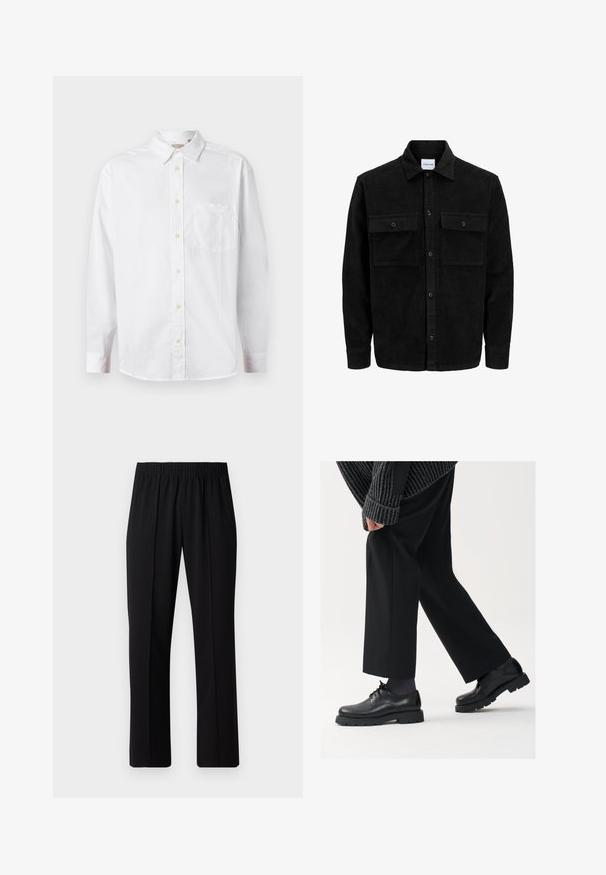 Chaqueta de pana negra con botones, dos bolsillos delanteros con solapa y un cuello clásico, mangas largas y textura acanalada.; Camisa blanca de manga larga con botones, cuello y bolsillo en el pecho, exhibida sobre un fondo claro y liso.; Pantalones negros con cintura elástica y diseño de pierna recta, con una textura suave y sin patrones o herrajes visibles.; Zapatos de cuero negro con punta redondeada, diseño de cordones y suela gruesa y texturizada. Combinados con pantalones negros a medida y un suéter acanalado.
