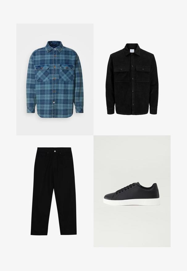 Giacca in corduroy nera con bottoni, due tasche anteriori con patta, colletto classico, maniche lunghe e texture a coste.; Camicia di flanella blu con motivo a quadretti in diverse sfumature di blu, con bottoniera sul davanti, colletto e due tasche sul petto.; Pantaloni in denim nero con taglio dritto, design a cinque tasche e chiusura frontale con bottone. Tessuto liscio con dettagli di cucitura minimi.; Pier One UNISEX - Sneakers basse - black