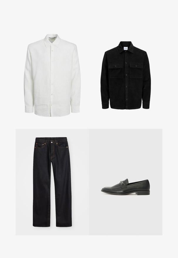 Juodas velveto mygtukų švarkas su dviem priekiniais kišenėmis su atvartais, klasikiniu apykakle, ilgomis rankovėmis ir raukšlėtu paviršiumi.; Balta ilga rankovė palaidinė, pagaminta iš lino, su mygtukais kantų priekyje, klasikine apykakle ir subtilia tekstūra. Rankovės baigiasi ties riešu su mygtukais.; Vyrų tiesaus kirpimo juodi džinsai iš denim medžiagos, su penkiomis kišenėmis ir oranžinėmis siūlėmis, su mygtuko ir užtrauktuko uždarymu ant priekio.; Juodos odinės loafer tipo bateliai su lygiu paviršiumi, turintys siuvinėtą dizainą ir dekoratyvų metalo grandinėlės akcentą ant batų viršaus. Plokščias kulnas.