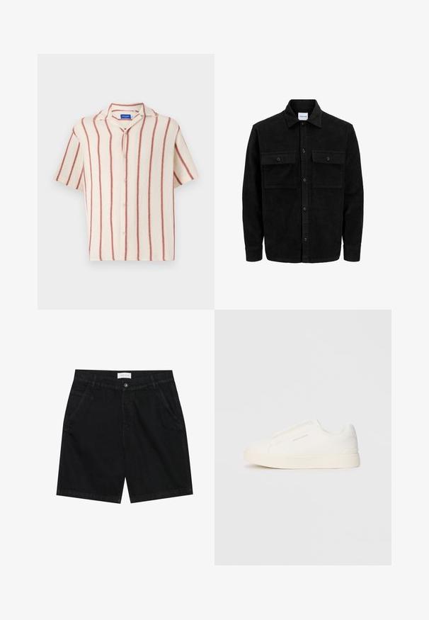 Czarna kurtka z korduru z guzikami, z dwoma przednimi kieszeniami na klapki oraz klasycznym kołnierzem, długimi rękawami i ryżowym splotem.; Koszula z krótkim rękawem zapinana na guziki w kremowym kolorze, w czerwone pionowe pasy, z kołnierzykiem z wycięciem i zapięciem na guziki z przodu.; Czarne szorty dżinsowe o klasycznym kroju, z dwoma przednimi kieszeniami, zapięciem na guzik i metką na pasku. Teksturowany materiał.; Białe sneakersy wsuwane z teksturowanej powierzchni, grubą podeszwą i minimalistycznym designem. Zawierają logo marki z boku.