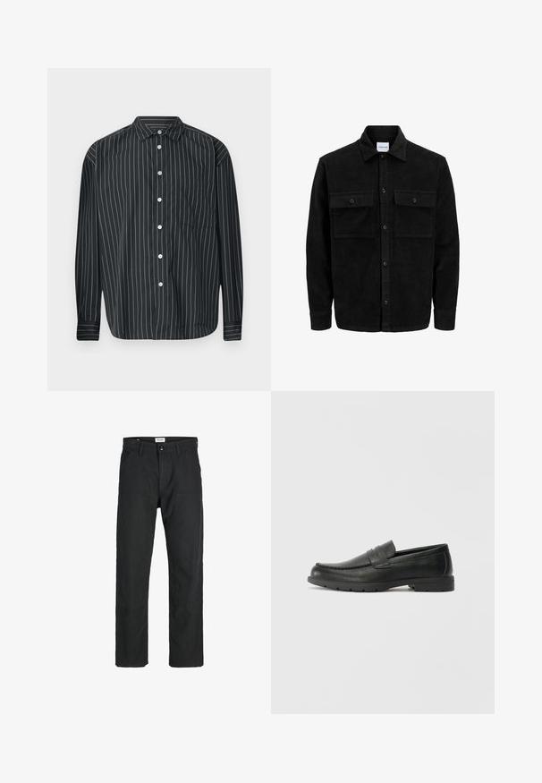 Jachetă din catifea neagră, cu butoni, două buzunare frontale cu clapetă și un guler clasic, mâneci lungi și textură ribbed.; Cămașă neagră cu mâneci lungi, cu nasturi, cu dungi verticale subțiri albe, buzunar pe piept, material neted și design clasic al gulerului.; Pantaloni negri dintr-un material durabil, cu un design cu picior drept, accente cusute și două buzunare frontale pentru funcționalitate.; Labeled cu oglindă din piele neagră cu un finisaj neted, partea superioară în stil mocasin, detalii cusute și o talpă din cauciuc. Design clasic cu un toc jos.