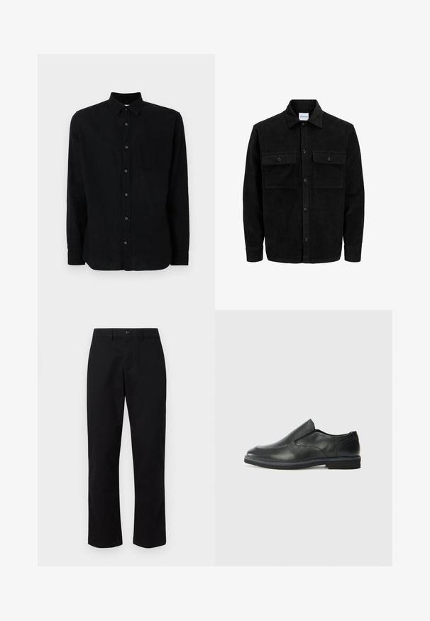 Čierna kordúrová bunda s gombíkmi, dvoma prednými vreckami so záklopkou a klasickým golierom, dlhými rukávmi a ryhovanou textúrou.; Čierna dlhá rukávová košeľa vyrobená z textúrovanej tkaniny, s gombíkovou prednou časťou, jednou náprsnom vreckom a klasickým golierom.; GAP SLIM PERFORMANCE STRETCH - Nohavice chinos - true black; Čierny kožený nazúvací topánka s hladkým zvrškom, prešitými akcentmi, zaoblenou špičkou a nízkym gumovým podpätkom. Podošva má minimálny dezén.