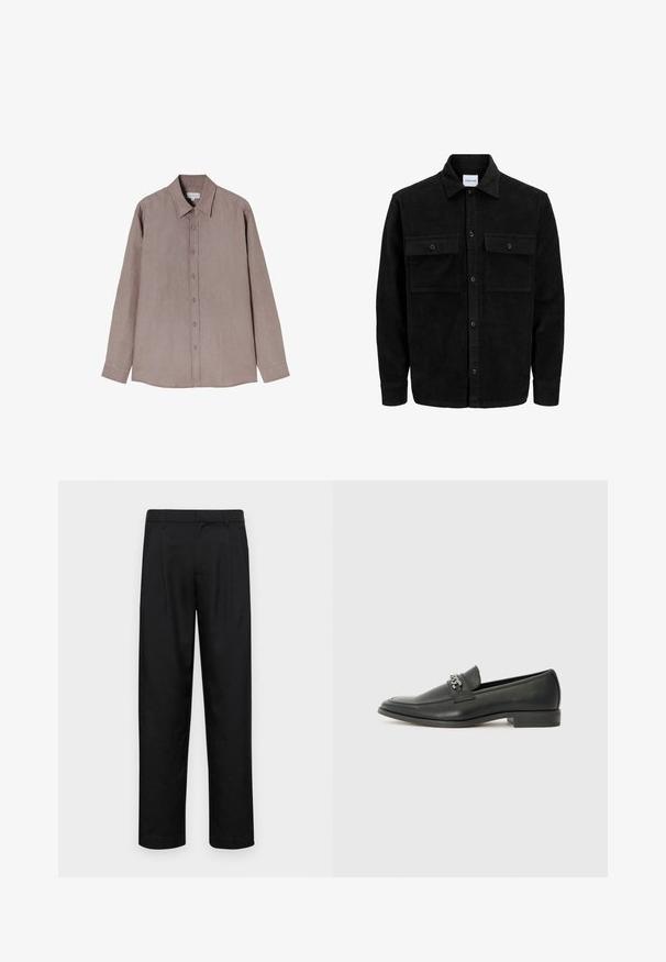 Sort fløjl button-up jakke med to frontlommer og klassisk krave, lange ærmer og ribbet tekstur.; Langærmet skjorte i en dæmpet brun nuance, lavet af tekstureret stof. Har en krave og en knaplukning foran med grå knapper.; Sorte bukser lavet af glat stof, med et lige ben-design, to frontfolder og en standard talje med bæltestropper.; Sorte læder loafers med en glat finish, der har et syet design og et dekorativt metal kædeaccent hen over vamps. Flad hæl.