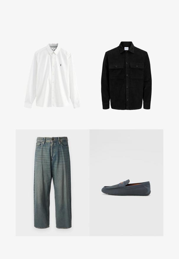 Schwarze Corduroy-Button-Up-Jacke mit zwei frontalem Klappentaschen und klassischem Kragen, langen Ärmeln und gerippter Textur.; Weißes Langarmhemd aus Baumwolle. Verfügt über einen Button-Down-Kragen, gelbe Knöpfe und ein kleines dunkelblaues Hummer-Logo auf der linken Brust.; Helle blaue Denim-Jeans mit lockerer Passform, mittelhoher Taille und geraden Beinen. Hat fünf Taschen, Gürtelschlaufen und einen Knopfverschluss.; Graue durchbrochene Slipper mit einem Schlupfdesign, featuring einem orangen Akzent, runder Zehenform und strukturiertem Gummisohle.