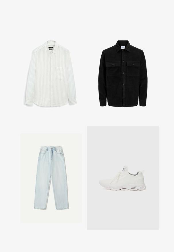 Schwarze Corduroy-Button-Up-Jacke mit zwei frontalem Klappentaschen und klassischem Kragen, langen Ärmeln und gerippter Textur.; Weißes Langarmhemd mit dünnen vertikalen Streifen. Mit Knopfleiste, einer Brusttasche und einem weichen, strukturierten Stoff für eine lockere Passform.; Helle blaue Denim-Jeans mit lässiger Passform, geradem Beindesign, Fünf-Taschen-Stil und dezentem Verblassen des Stoffes.; Weiße Sportschuhe mit einem strukturierten Strickobermaterial, flachen Schnürsenkeln und einer gepolsterten Sohle mit sichtbaren Luftkammern für zusätzlichen Halt.