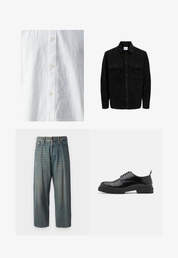 Čierna kordúrová bunda s gombíkmi, dvoma prednými vreckami so záklopkou a klasickým golierom, dlhými rukávmi a ryhovanou textúrou.; Biely ľanový košeľa s jemnou textúrou, s predným zapínaním na gombíky, pričom sú viditeľné tri gombíky. Klasický dizajn bez vzorov.; Svetlomodré denimové nohavice so voľným strihom, stredne vysokým pásom a rovnými nohavicami. Obsahujú päť vreciek, pútka na opasok a zapínanie na gombík.; Čierne kožené šnurovacie topánky s okrúhlym špičkou, hladkou textúrou a ryhovanou gumovou podrážkou. Obsahujú malý podpätok a úchytku na zadnej strane.
