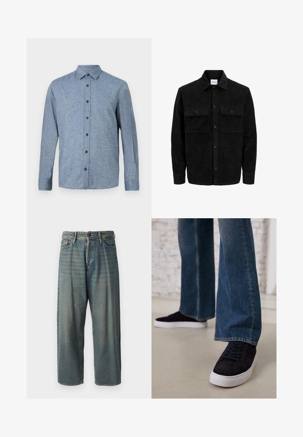Czarna kurtka z korduru z guzikami, z dwoma przednimi kieszeniami na klapki oraz klasycznym kołnierzem, długimi rękawami i ryżowym splotem.; Koszula z długim rękawem, zapinana na guziki, w jasnoniebieskim kolorze z teksturowanym splotem, z kołnierzykiem i sześcioma ciemnobrązowymi guzikami z przodu.; Jasnoniebieskie dżinsy o luźnym kroju, średnim stanie i prostych nogawkach. Posiadają pięć kieszeni, szlufki na pasek oraz zapięcie na guzik.; Ciemnoniebieskie zamszowe sneakersy z białą gumową podeszwą i sznurowadłami, połączone z dżinsami o szerokich nogawkach w średnim niebieskim odcieniu.