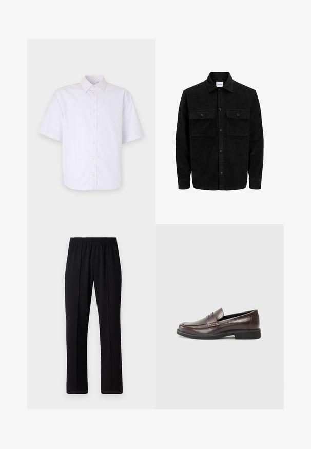 Veste en velours côtelé noire à boutons, avec deux poches à rabat à l'avant et un col classique, des manches longues et une texture côtelée.; Chemise à manches courtes, boutonnée, en coton blanc éclatant. Dotée d'un col classique, d'un ourlet droit et de boutons discrets sur le devant.; Pantalons noirs à taille élastique avec une coupe droite, présentant une texture lisse et sans motifs ni éléments visibles.; Mocassins en cuir marron avec une finition lisse, présentant un léger détail de couture sur le dessus et une semelle en caoutchouc noire.