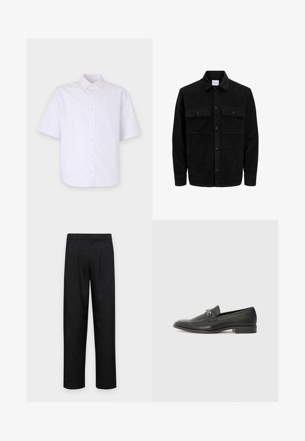 Veste en velours côtelé noire à boutons, avec deux poches à rabat à l'avant et un col classique, des manches longues et une texture côtelée.; Chemise à manches courtes, boutonnée, en coton blanc éclatant. Dotée d'un col classique, d'un ourlet droit et de boutons discrets sur le devant.; Pantalons noirs en tissu lisse, avec une coupe droite, deux plis avant et une taille standard avec passants de ceinture.; Mocassin en cuir noir avec une finition lisse, présentant un design cousu et une accent décoratif en chaîne métallique sur le rand. Talon plat.