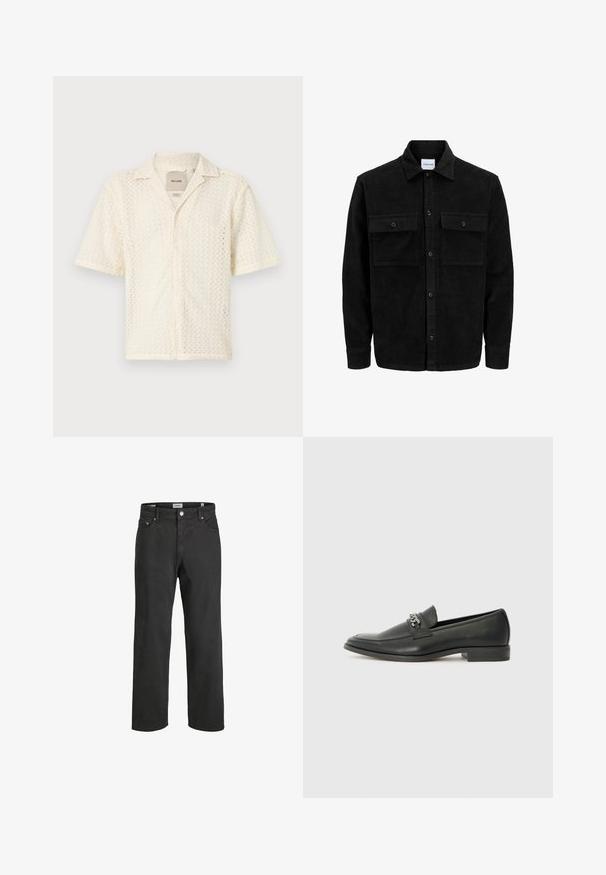 Giacca in corduroy nera con bottoni, due tasche anteriori con patta, colletto classico, maniche lunghe e texture a coste.; Camicetta a maniche corte di colore crema realizzata in tessuto testurizzato con un motivo a zigzag e chiusura con bottoni. Presenta un colletto classico e una tasca.; Jeans neri a gamba dritta realizzati in cotone, con un classico design a cinque tasche, chiusura con bottone e dettagli di cucitura discreti.; Mocassino in pelle nera con finitura liscia, caratterizzato da un design cucito e da un accento decorativo in catena metallica sul vamp. Tacco piatto.