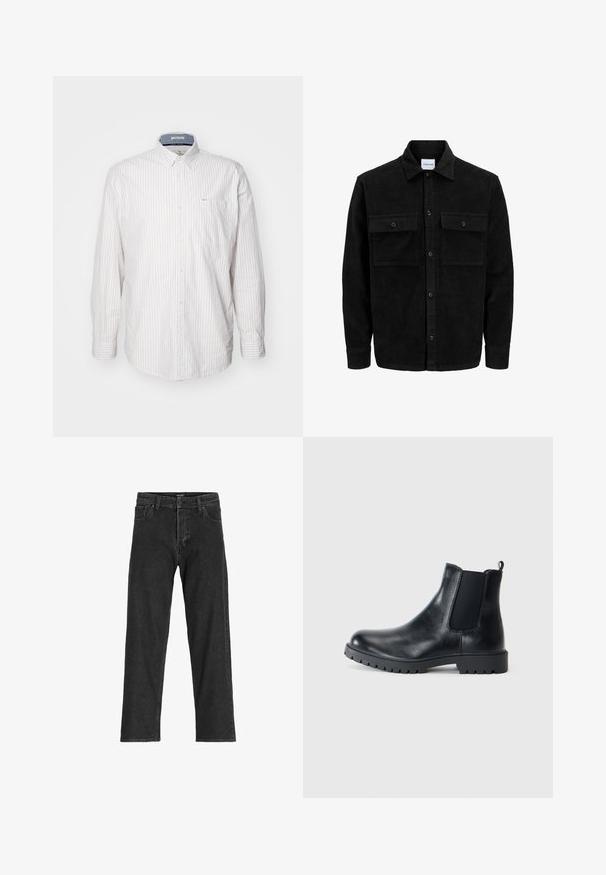Svart kordfløyels knappjakke med to frontlommer med klaff og klassisk krage, lange ermer og ribbet tekstur.; Lysfarget langermet skjorte med tynne vertikale striper. Har en nedbrettbar krage og en brystlomme. Laget av et teksturert stoff.; Sorte denimjeans med rett ben-design, som har glidelås, beltehemper og seks lommer, laget av et slitesterkt bomullsmateriale.; Svart lær Chelsea-støvler har elastiske sidepaneler, rund tå og gummisåle med godt grep. Minimalistisk design med en løftestropp.
