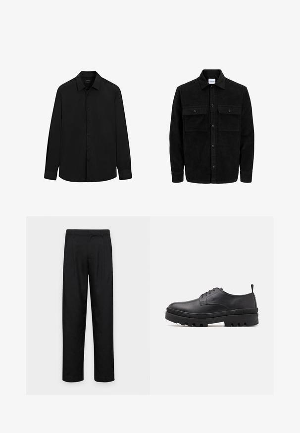 Czarna kurtka z korduru z guzikami, z dwoma przednimi kieszeniami na klapki oraz klasycznym kołnierzem, długimi rękawami i ryżowym splotem.; Czarna, długa koszula z długim rękawem, zapinana na guziki, wykonana z gładkiego materiału, z kołnierzykiem typu spread, guzikami z przodu i dopasowanym krojem z z manszetami.; Czarne spodnie wykonane z gładkiego materiału, z prostą nogawką, dwoma fałdami z przodu oraz standardowym paskiem z wypustkami na pasek.; Czarne skórzane buty z okrągłym noskiem, sznurowanym zapięciem i masywną gumową podeszwą. Posiadają pętelkę z tyłu i teksturowane akcenty.