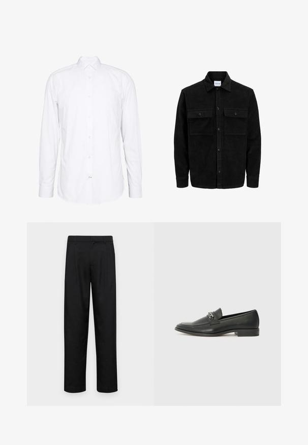 Mustmustöös nupuga jope, millel on kaks eesmist klapiga taskut ja klassikaline kaelus, pikad varrukad ning ribakujuline tekstuur.; Valge puuvillane pikkade varrukatega särk. Varustatud krae, esise nupuga sulgemise ja ühes nupuga mansettidega. Sile tekstuur, puhas disain.; Mustad mustadest riietest, millel on sirge jalgade disain, kaks eesmist voltimist ja tavaline vöökoht, millel on vöökohad.; Must haveate nahkking punased, millel on sile viimistlus, tikitud muster ja dekoratiivne metallkett vampi üle. Tasane konts.