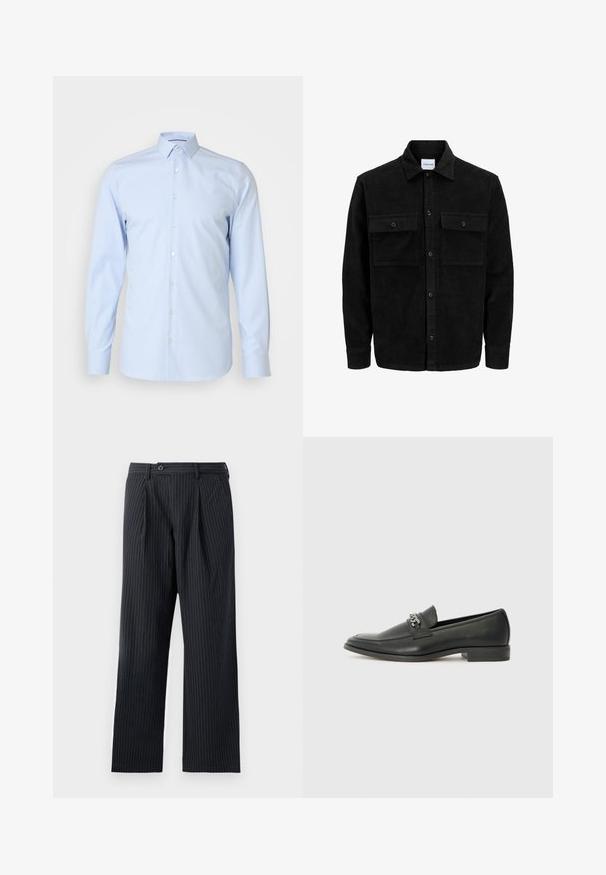 Giacca in corduroy nera con bottoni, due tasche anteriori con patta, colletto classico, maniche lunghe e texture a coste.; Camicia azzurra chiara, con maniche lunghe, colletto classico, realizzata in tessuto liscio, con bottoni bianchi sul davanti, design minimale.; Pantaloni neri a righe con design a gamba dritta, dotati di pieghe sul davanti e chiusura a bottone, realizzati in un tessuto liscio.; Mocassino in pelle nera con finitura liscia, caratterizzato da un design cucito e da un accento decorativo in catena metallica sul vamp. Tacco piatto.