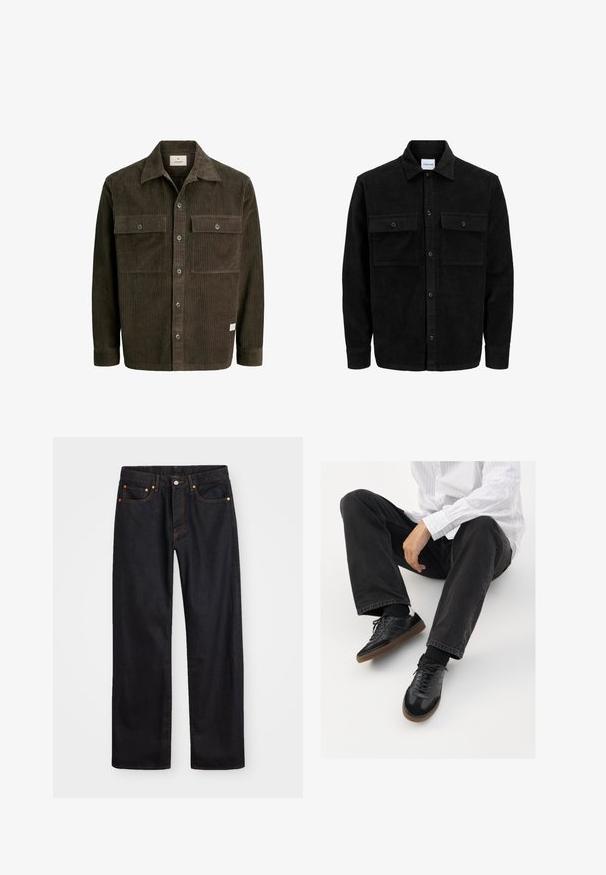 Svart kordfløyels knappjakke med to frontlommer med klaff og klassisk krage, lange ermer og ribbet tekstur.; Brun kordfløyelsjakke med vertikal ribbet tekstur, knappestolpe foran, to brystlommer og klassisk krage, med et subtilt merkeklistermerke på kanten.; Men's straight-leg svarte denim jeans med fem lommer og oransje søm, knapp og glidelås lukking foran på midjen.; Svarte joggesko med en glatt og teksturert overflate, med gummisåle og mørke snører. Kombinert med svarte jeans og en hvit stripet skjorte.