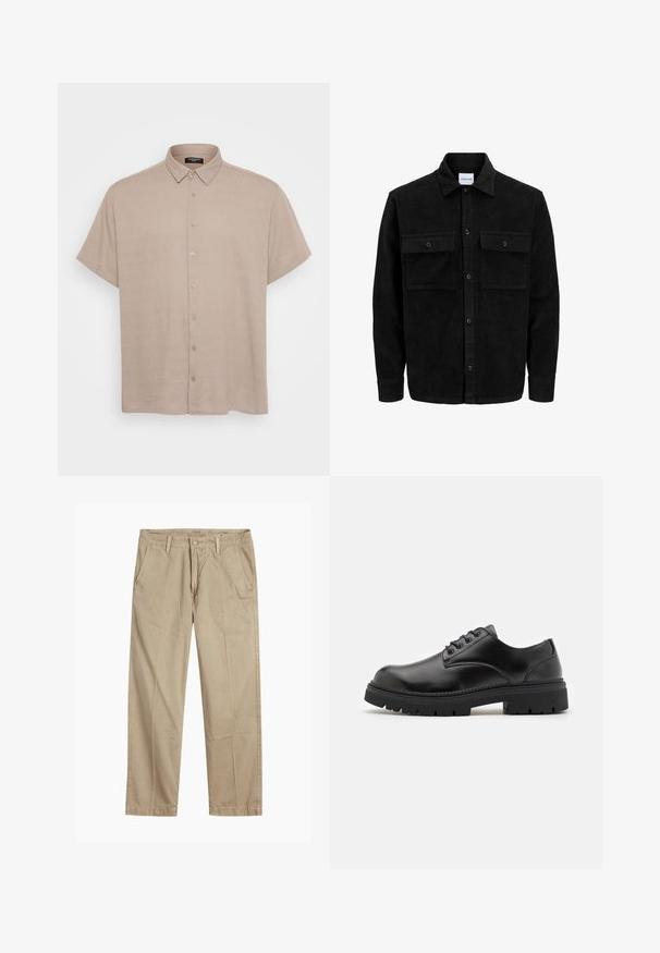 Giacca in corduroy nera con bottoni, due tasche anteriori con patta, colletto classico, maniche lunghe e texture a coste.; Camicia a maniche corte con bottoni in tessuto beige chiaro, dotata di colletto e bottoni frontali. La texture appare liscia e leggermente strutturata.; Chinos beige a gamba dritta con passanti per cintura, chiusura frontale a bottone e zip, e tasche laterali inclinati.; Scarpe in pelle nera con punta arrotondata, design lace-up e suola in gomma spessa e testurizzata. Presentano una cucitura lungo il bordo e una finitura liscia.
