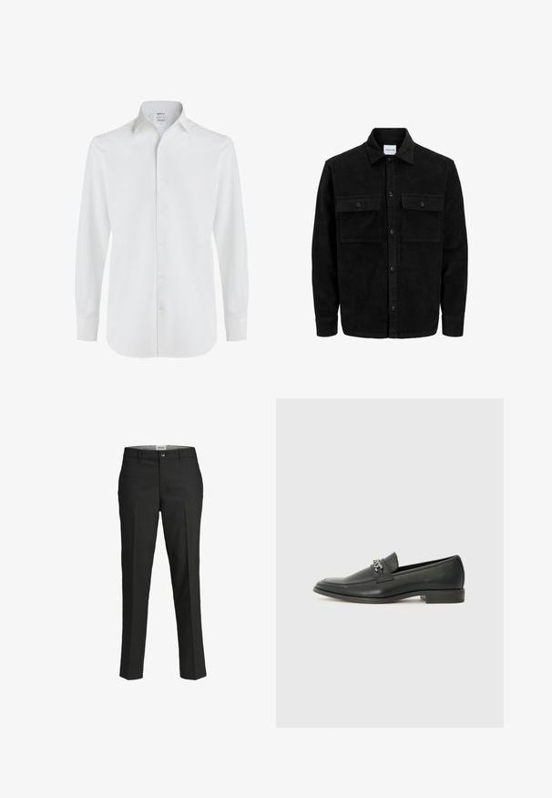 Chaqueta de pana negra con botones, dos bolsillos delanteros con solapa y un cuello clásico, mangas largas y textura acanalada.; Camisa blanca de manga larga hecha de algodón suave, con un cuello clásico, cierre frontal con botones y dobladillo redondeado con puños abotonados.; Pantalones negros, corte entallado, tejido suave, cintura de altura media, cierre frontal de botón, bolsillos diagonales y detalles de pliegues a lo largo de las piernas.; Mocasín de cuero negro con un acabado suave, que cuenta con un diseño de costura y un acento decorativo de cadena de metal en el empeine. Tacón plano.