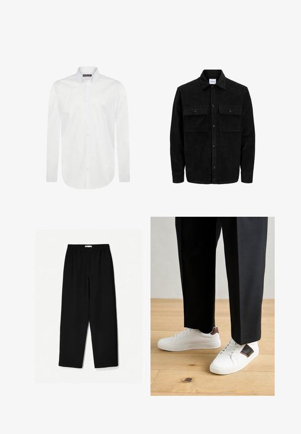 Sort fløjl button-up jakke med to frontlommer og klassisk krave, lange ærmer og ribbet tekstur.; Hvid langærmet skjorte lavet af glat bomuld med krave med knapper, frontlukning og et lille broderet logo på brystet.; Sorte, vidde ben bukser lavet af et let stof. Har en elastisk talje og en glat tekstur. Ingen synlige mønstre eller hardware.; Hvide sneakers med glat tekstur, prydet med brune læderdetaljer og sorte detaljer, sammen med sorte skræddersyede bukser. Baggrund med trægulv.