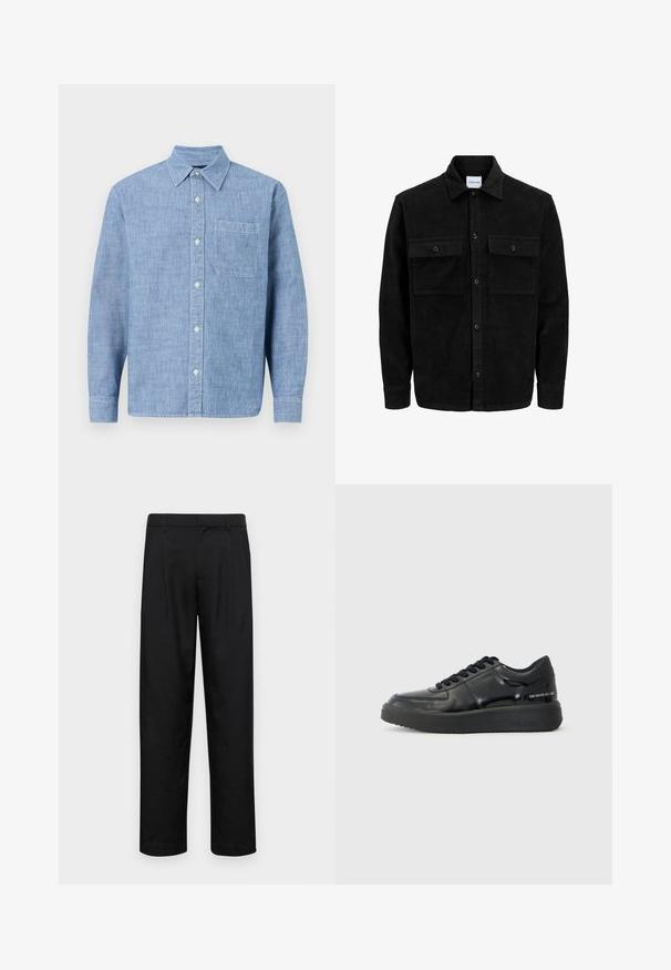 Melnas kordūru pogu jaka ar divām priekšējām atloka kabatām un klasisku apkakli, garām piedurknēm un ribotu tekstūru.; Gai zils, garām piedurknēm, pogājams krekls, izgatavots no teksturētas auduma. Tam ir apkakle, priekšējā kabata un pogu slēgšana priekšā.; Melnas bikses, izgatavotas no gludas auduma, ar taisnu kāju dizainu, divām priekšējām krokām un standarta jostu, kurai ir āķi.; Melni ādas kedas ar gludu apdari, apaļu purngalu un kontrastējošu melnu gumijas zoli. Iespējas iespiežamās auklas un zīmols sānos.