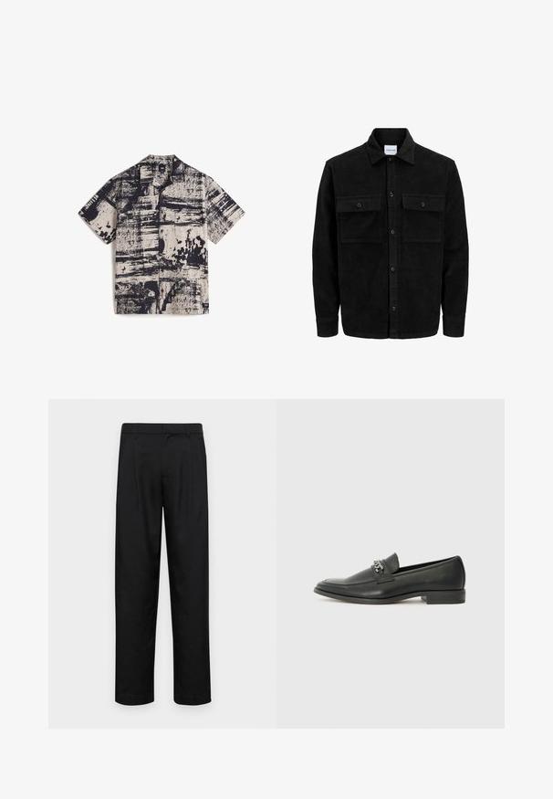 Schwarze Corduroy-Button-Up-Jacke mit zwei frontalem Klappentaschen und klassischem Kragen, langen Ärmeln und gerippter Textur.; Vans Hemd - medium brown; Schwarze Hose aus glattem Stoff, mit geradem Bein Design, zwei vorderen Falten und einem Standardbund mit Gürtelschlaufen.; Schwarzer Lederloafer mit glatter Oberfläche, ausgestattet mit einer gesteppten Gestaltung und einem dekorativen Metallkettendetail über dem Vorderblatt. Flacher Absatz.