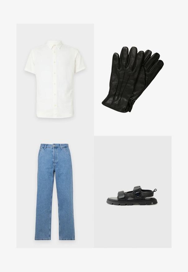 Zwarte corduroy knopenjack met twee voorste klepzakken en een klassieke kraag, lange mouwen en ribbelstructuur.; Korte mouwen witte overhemden gemaakt van lichtgewicht stof, met een klassieke kraag en een zachte, gladde textuur met lichtbruine knopen.; Lichtblauwe spijkerbroek met rechte pijpen en een klassiek vijf-pocket ontwerp, voorzien van een knoopsluiting aan de voorkant en riemlussen. Soepele textuur.; Zwarte sandalen met een bovenwerk van textuurstof, brede banden, metalen gespaccenten en een dikke rubberen zool met een profielpatroon.; Zwarte leren handschoenen met een gladde textuur, vijf vingers en subtiele stiksels. Klassiek ontwerp, geschikt voor gebruik in koud weer.