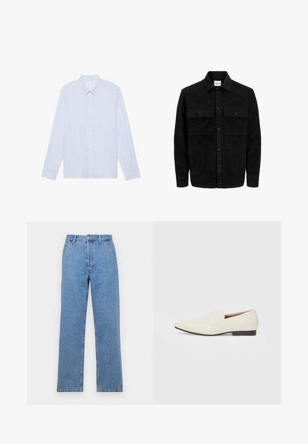 Mustat corduroy-nappi takki, jossa on kaksi etupistotaskua ja klassinen kaulus, pitkät hihat ja ribattu pinta.; Vaaleansininen raidallinen pitkähihaisten nappikauluspaita. Ominaisuuksiin kuuluu perinteinen kaulus, valkoiset napit ja sileä puuvillasekoitekangas.; Vaaleansininen denim-suorat housut, joissa on klassinen viiden taskun muotoilu, etupainike ja vyölenkit. Sujuva pinta.; Vaaleanbeige loaferit, joissa on terävä kärki, sileä materiaali, nauha vampin yli ja matala ruskea pohja. Yksinkertainen muotoilu, jossa on minimaalista korostusta.