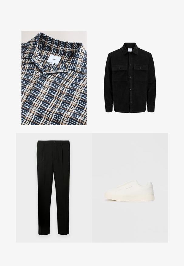 Veste en velours côtelé noire à boutons, avec deux poches à rabat à l'avant et un col classique, des manches longues et une texture côtelée.; Polo à motifs bleu marine et crème avec des accents marron, doté d'un col, de boutons à l'avant, et d'une étiquette en tissu indiquant « NEXT » taille M.; Pantalon noir ajusté avec un devant plat, deux plis, une fermeture à bouton, des poches latérales et une coupe droite. Fabriqué à partir d'un tissu lisse.; Baskets blanches sans lacets avec une surface texturée, une semelle épaisse et un design minimaliste. Présente le logo de la marque sur le côté.