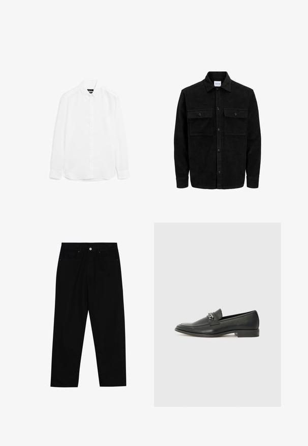 Schwarze Corduroy-Button-Up-Jacke mit zwei frontalem Klappentaschen und klassischem Kragen, langen Ärmeln und gerippter Textur.; Weißes Langarmhemd aus glattem Stoff, mit button-up Front, spitzem Kragen und abgerundetem Saum mit geknöpften Bündchen.; Schwarze Jeans mit geradem Schnitt, Fünf-Taschen-Design und einem vorderen Knopfverschluss. Glatte Textur mit minimalen Nähten.; Schwarzer Lederloafer mit glatter Oberfläche, ausgestattet mit einer gesteppten Gestaltung und einem dekorativen Metallkettendetail über dem Vorderblatt. Flacher Absatz.