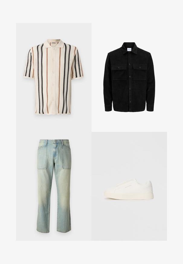 Schwarze Corduroy-Button-Up-Jacke mit zwei frontalem Klappentaschen und klassischem Kragen, langen Ärmeln und gerippter Textur.; Kurzarm-Strickshirt mit vertikalen Streifen in Creme, Schwarz und Braun. Es hat einen Kragen und eine Knopföffnung.; Helle blaue Jeans mit geradem Bein, sichtbaren Nähten und zwei großen Fronttaschen. Der Stoff hat eine ausgewaschene Textur.; Weiße Slip-On-Sneaker mit einer strukturierten Oberfläche, dicker Sohle und minimalistischem Design. Mit Logo der Marke an der Seite.