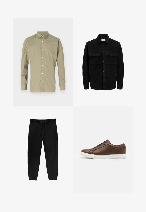 Zwarte corduroy knopenjack met twee voorste klepzakken en een klassieke kraag, lange mouwen en ribbelstructuur.; Olijfgroene overhemden met een puntkraag, lange mouwen en een gladde textuur, met doorzichtige plastic knopen aan de voorkant.; Zwarte elastische taillebandbroeken met een trekkoord, taps toelopende benen, zijzakken en subtiele stiksels aan de zijkanten. Zachte katoenachtige stof.; Bruine leren sneakers met een ronde neus, witte rubberen zool en vijf veterogen. Heeft subtiele branding op de hiel.
