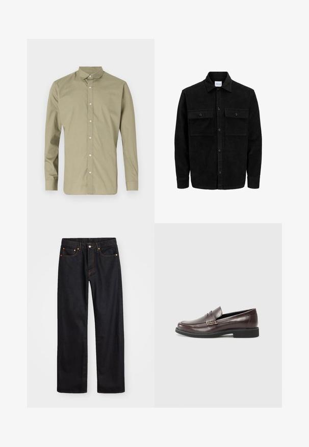 Black corduroy button-up jacket with two front flap pockets and a classic collar, long sleeves, and ribbed texture.; Olive green button-up shirt with a pointed collar, long sleeves, and a smooth texture, featuring clear plastic buttons along the front.; Men’s straight-leg black denim jeans with five pockets and orange stitching, button and zip closure on front waistband.; Brown leather loafers with a smooth finish, featuring a subtle stitched detail on the upper and a black rubber sole.