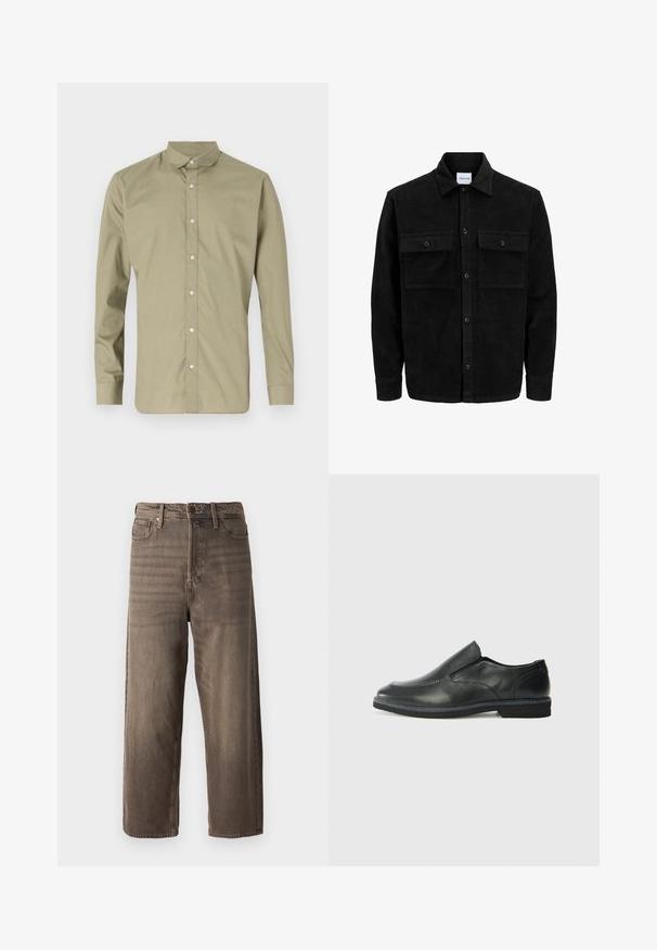 Črna kordurojska jakna z gumbi, z dvema sprednjima žepoma z zavihkom in klasičnim ovratnikom, dolgimi rokavi ter rebrasto teksturo.; Olivno zelena srajca z gumbi na zapenjanje, s koničastim ovratnikom, dolgimi rokavi in gladko teksturo, z vrsto prozornih plastičnih gumbov spredaj.; Rjavi široki traper hlače. Imajo zadrgo, zanke za pas in pet žepov. Tkanina ima zbledel in teksturiran videz.; Črne usnjene natikače z gladkim zgornjim delom, prišitimi detajli, zaobljenim nosom in nizkim gumijastim petkom. Podplat ima minimalen profil.