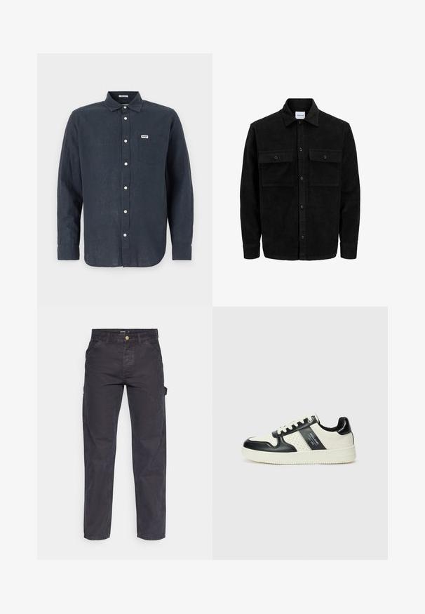 Chaqueta de pana negra con botones, dos bolsillos delanteros con solapa y un cuello clásico, mangas largas y textura acanalada.; Camisa de manga larga azul oscura hecha de lino, con collar abotonado, bolsillo frontal y botones blancos. Logo de Wrangler en el bolsillo.; Pantalones cargo de color gris oscuro, confeccionados con un tejido duradero, que presentan un corte recto, cinco bolsillos y un cierre de botón en la cintura.; Zapatillas de cuero con un esquema de colores negro y crema, que cuentan con acentos perforados, un collar acolchado y una suela texturizada.