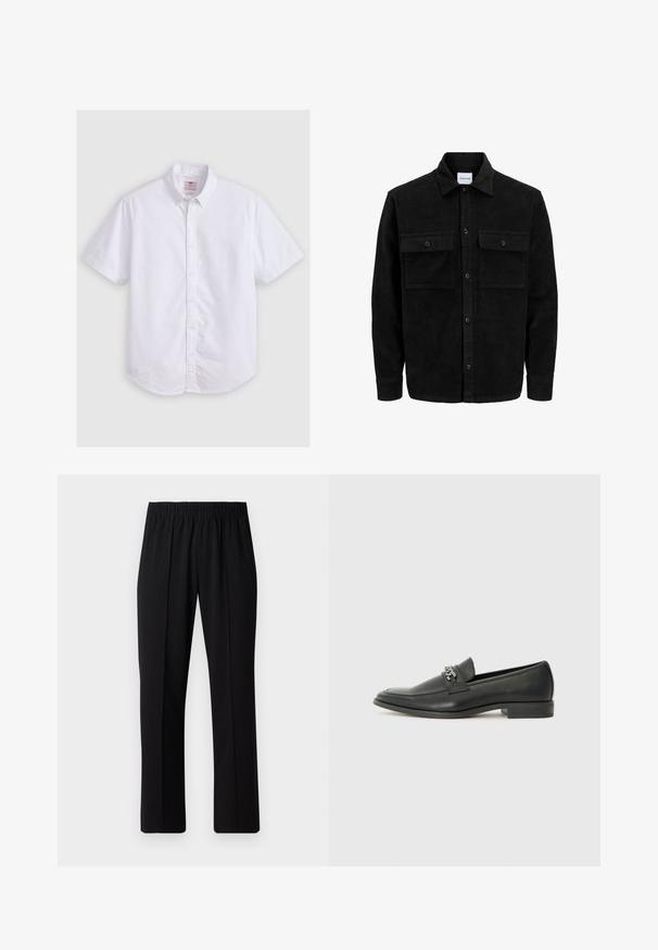 Veste en velours côtelé noire à boutons, avec deux poches à rabat à l'avant et un col classique, des manches longues et une texture côtelée.; Chemise blanche à manches courtes en coton, avec col button-down, texture subtile, ourlet incurvé et fermeture à boutons traditionnelle.; Pantalons noirs à taille élastique avec une coupe droite, présentant une texture lisse et sans motifs ni éléments visibles.; Mocassin en cuir noir avec une finition lisse, présentant un design cousu et une accent décoratif en chaîne métallique sur le rand. Talon plat.