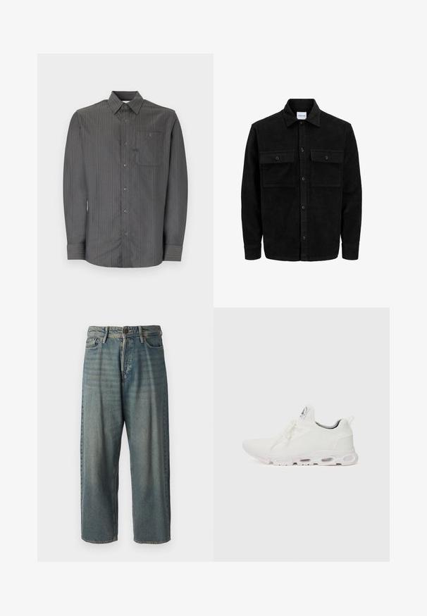 Črna kordurojska jakna z gumbi, z dvema sprednjima žepoma z zavihkom in klasičnim ovratnikom, dolgimi rokavi ter rebrasto teksturo.; Siva prugasta majica z dolgimi rokavi s kragnjo na gumb in žepom na prsih, ki ima majhne gumbe in teksturirano tkanino.; Svetlomoderne kavbojke z ohlapnim krojem, srednjim pasom in ravnimi nogami. Imajo pet žepov, zanke za pas in zapiranje na gumb.; Bela atletska obuća z značilnom pletenom gornjom stranom, ravnim vezicama i podlogom s jastučićem koja ima vidljive zračne komore za dodatnu potporu.