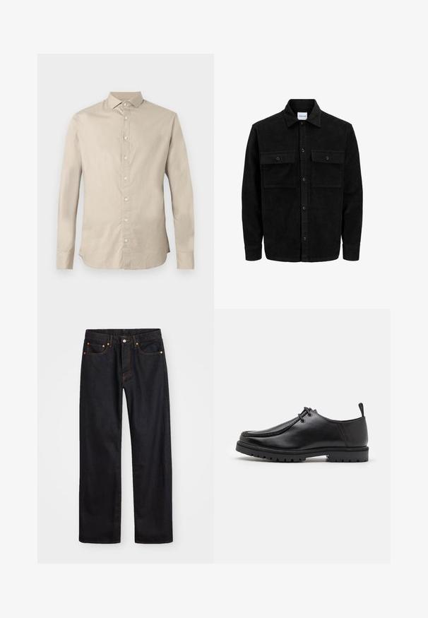 Mustmustöös nupuga jope, millel on kaks eesmist klapiga taskut ja klassikaline kaelus, pikad varrukad ning ribakujuline tekstuur.; Beež pikka varrukatega nööbiga särk terava kraega, kuue esi-nööbiga ja eritellimusel sobivusega.; Meeste sirge jala mustad denim teksad viie taskuga, oranž õmblus, nupu ja tõmblukuga ees nagu vöökoht.; Must küljest musta nahast sidumisjalatsiga, millel on tugeva tallaga ja kandmiselauaga, valge tausta ees.