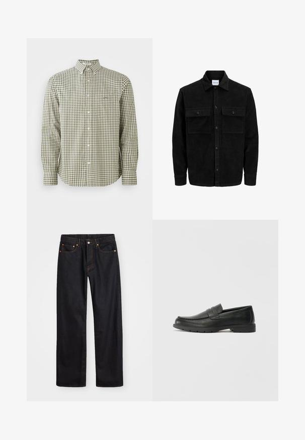 Mustmustöös nupuga jope, millel on kaks eesmist klapiga taskut ja klassikaline kaelus, pikad varrukad ning ribakujuline tekstuur.; Roheline ja valge ruuduline pika varrukaga särk, millel on nööbiga kaelus, väike rinnatasku ja valged nööbid.; Meeste sirge jala mustad denim teksad viie taskuga, oranž õmblus, nupu ja tõmblukuga ees nagu vöökoht.; Musthave nahkkingad siledast nahast, mokassiini stiilis ülevalt, tikanditega ja kummist tallaga. Klassikaline disain madala kontsaga.