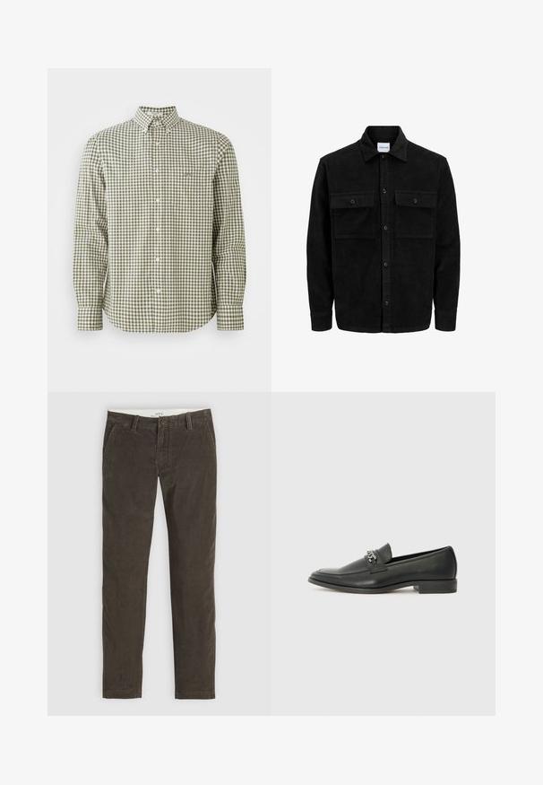Črna kordurojska jakna z gumbi, z dvema sprednjima žepoma z zavihkom in klasičnim ovratnikom, dolgimi rokavi ter rebrasto teksturo.; Zelena in bela karirana srajca z dolgimi rokavi in ovratnikom na gumb, ki vsebuje majhen žep na prsih in bele gumbe.; Rjavi žametni hlače s ravnim krojem, z gumbom za zapiranje, stranskimi žepi in subtilno teksturo.; Črni usnjeni loafer z gladko površino, ki ima šivano zasnovo in dekorativni kovinski verižni naglas preko vampirja. Ravno peto.