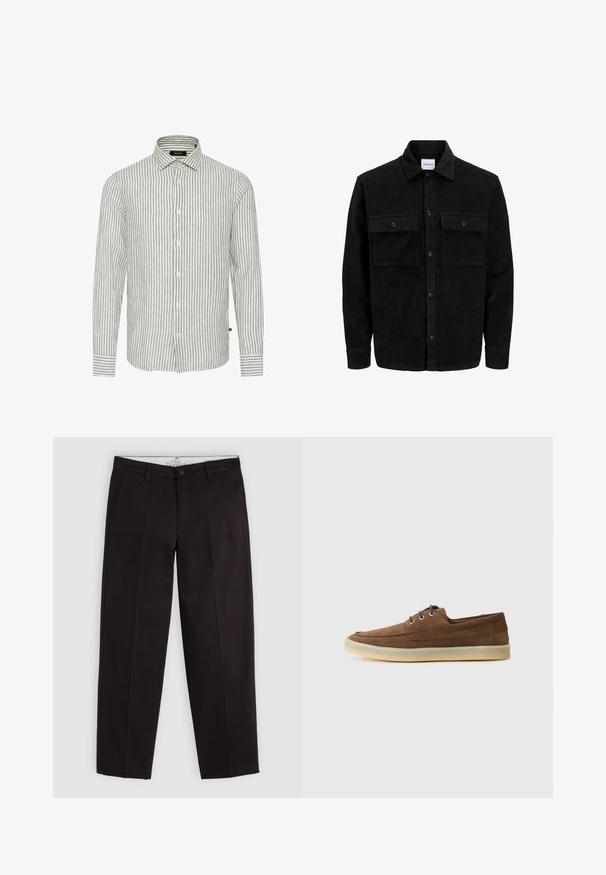 Černá kordurová košile s knoflíky, dvěma předními klopovými kapsami a klasickým límcem, dlouhými rukávy a vroubkovanou texturou.; Šedobílá pruhovaná košile na knoflíky s dlouhými rukávy, klasickým límcem a předními knoflíky; má texturovanou tkaninu s neformálním designem.; Černé chinos s rovnými nohavicemi, poutky na opasek, knoflíkovým zapínáním a bočními kapsami, vystavené na světle šedém pozadí.; Hnědé semišové boty s nízkým profilem, šněrovacím designem, gumovou podrážkou a kontrastními švy. Jednoduchý a funkční styl.