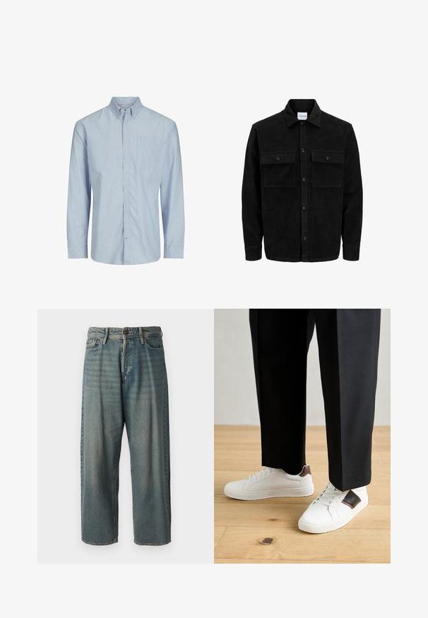 Melnas kordūru pogu jaka ar divām priekšējām atloka kabatām un klasisku apkakli, garām piedurknēm un ribotu tekstūru.; Svītraina garo piedurkņu krekls gaiši zilā un baltā krāsā ar pogājamu apkakli, krūšu kabatu un taisnu piegriezumu. Kokvilnas maisījuma audums.; Gaiši zili džinsi ar brīvu piegriezumu, vidējo jostas augstumu un taisnām kājām. Satur piecas kabatas, jostas cilpas un pogu aizdari.; Baltā pārsoļa apavi ar gludu tekstūru, papildināti ar brūniem ādas akcentiem un melniem elementiem, savienoti ar melnām pielāgotām biksēm. Koka grīdas fons.
