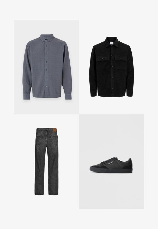 Schwarze Corduroy-Button-Up-Jacke mit zwei frontalem Klappentaschen und klassischem Kragen, langen Ärmeln und gerippter Textur.; Grauem Hemd mit langen Ärmeln, aus strukturiertem Stoff, mit klassischem Kragen und sechs Knöpfen auf der Vorderseite.; Schwarze Jeans aus Denim mit geradem Bein, im Fünf-Taschen-Stil und einem braunen Lederpatch am Bund. Strukturierter Stoff mit Nähdetails.; Schwarze Sneaker aus einer Mischung von Leder und Wildleder, mit runden Schnürsenkeln, einer strukturierten Gummisohle und einem Markenlogo an der Seite.