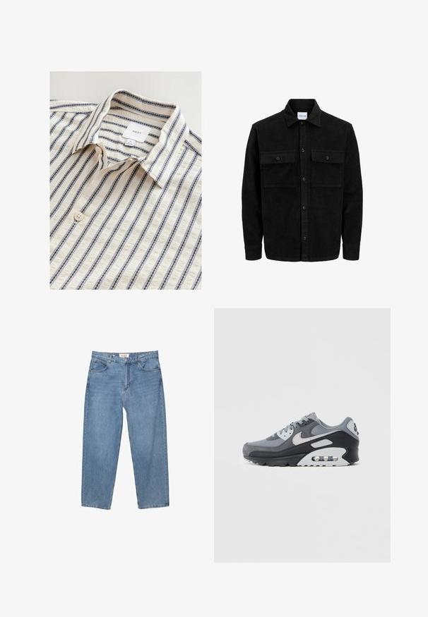 Sort fløjl button-up jakke med to frontlommer og klassisk krave, lange ærmer og ribbet tekstur.; Hvid skjorte med blå lodrette striber, med en foldet krave, knaplukning foran og et struktureret stof. Mærket er synligt indeni.; Lysblå denim jeans med lige ben, fem lomme-designet og et synligt mærkeetiket ved taljen.; Grå sneaker med en blanding af mesh og ruskindsmaterialer, med en sort sål og synligt air-enhed. Bemærkelsesværdige lysegrå accenter og snørebånd.