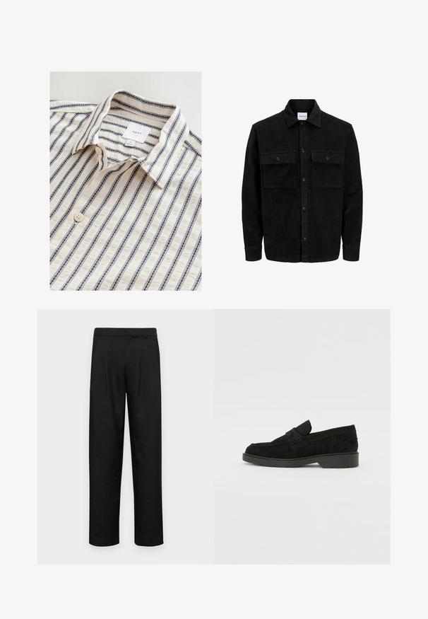 Čierna kordúrová bunda s gombíkmi, dvoma prednými vreckami so záklopkou a klasickým golierom, dlhými rukávmi a ryhovanou textúrou.; Biela košeľa s modrými vertikálnymi pruhmi, s preloženým golierom, predným zapínaním na gombíky a textúrovanou tkaninou. Značka je viditeľná vo vnútri.; Čierne nohavice vyrobené z hladkej tkaniny, s rovnými nohavicami, dvoma prednými skladmi a štandardným pásom s pútkami na opasok.; Čierne semišové mokasíny s nízkym podpätkom, s jednoduchým pásom naprieč hornou časťou a textúrovanými detailmi po stranách.