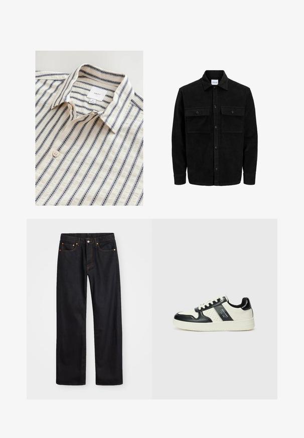 Giacca in corduroy nera con bottoni, due tasche anteriori con patta, colletto classico, maniche lunghe e texture a coste.; Camicia bianca con strisce verticali blu, dotata di colletto alla francese, chiusura con bottoni e tessuto textured. Etichetta del marchio visibile all'interno.; Jeans neri in denim dritto da uomo con cinque tasche e cuciture arancioni, chiusura con bottone e zip sulla vita anteriore.; Sneakers in pelle con una combinazione di colori nero e crema, dotati di dettagli perforati, collare imbottito e suola testurizzata.