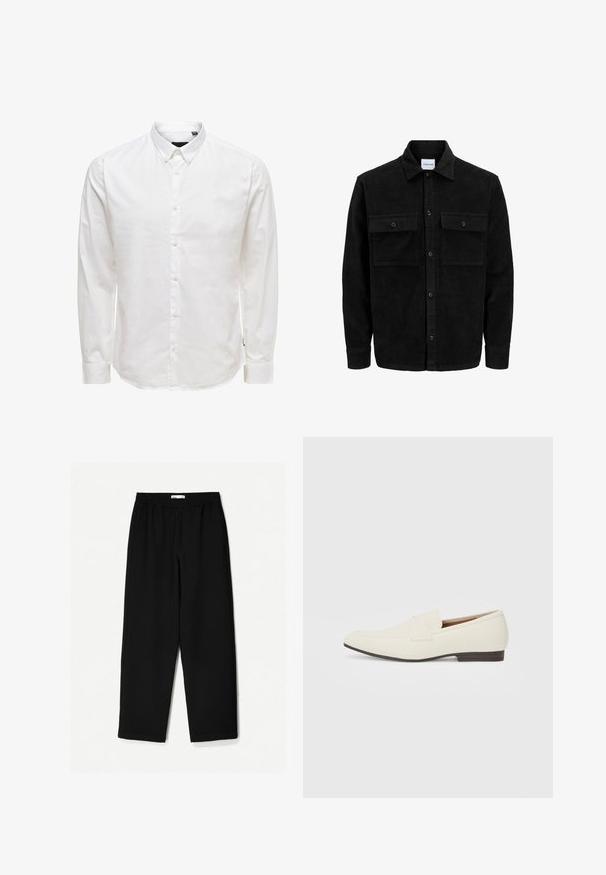Čierna kordúrová bunda s gombíkmi, dvoma prednými vreckami so záklopkou a klasickým golierom, dlhými rukávmi a ryhovanou textúrou.; Biela dlhá košela s gombíkmi a golierom, s hladkou textúrou a šiestimi prednými gombíkmi. Priliehavý strih s manžetovými rukávmi.; Čierne nohavice s širokými nohavicami vyrobené z ľahkej tkaniny. Majú elasticitu v páse a hladký povrch. Bez viditeľných vzorov alebo kovania.; Svetlé béžové mokasíny s špicatou špičkou, hladkým materiálom, pásikom cez vamp a nízkou hnedou podrážkou. Jednoduchý dizajn s minimálnymi akcentmi.