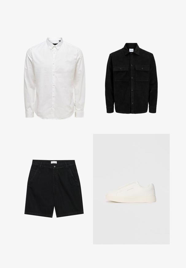 Mustmustöös nupuga jope, millel on kaks eesmist klapiga taskut ja klassikaline kaelus, pikad varrukad ning ribakujuline tekstuur.; Valge pika varruga nööbitav särk, millel on krae, sile tekstuur ja kuus esist nööpi. Kohandatud lõige, millel on mansetid.; Mustadest denim lühikesed püksid klassikalise lõikega, millel on kaks eesmist taskut, nööbikinnitus ja silt vöökohal. Tekstuuriga kangas.; Valged libisemiskindlad tossud tekstuuriga pinnaga, paksu tallaga ja minimalistikus disainis. Küljel on brändi logo.
