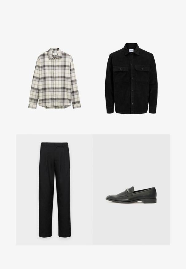 Mustat corduroy-nappi takki, jossa on kaksi etupistotaskua ja klassinen kaulus, pitkät hihat ja ribattu pinta.; Pitkähihainen ruudullinen paita, jossa on beige ja harmaa sävy, napillinen kaulus ja suora helma. Valmistettu teksturoidusta kankaasta.; Mustat housut, jotka on valmistettu sileästä kankaasta, suoran lahkeen muotoilulla, kahdella etupleekillä ja tavanomaisella vyötäröllä, jossa on vyölenkit.; Musta nahkakengät, joissa on sileä pinta, koristeelliset ompeleet ja metalliketjun yksityiskohta kengän päällä. Littee korko.